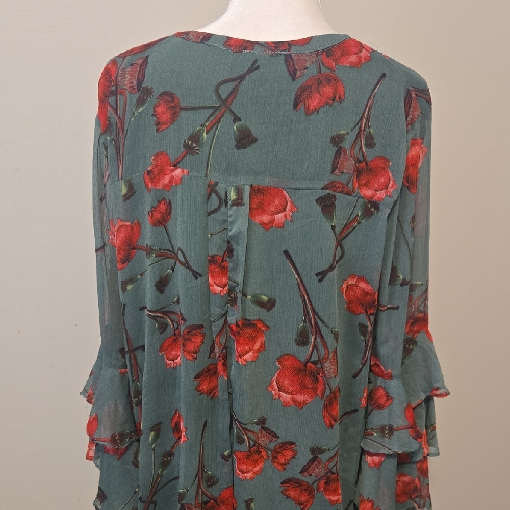 Umgee Red and Green Asymmetrical Bell Sleeve Mini Dress - Picture 9 of 10